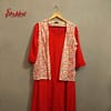 Red asymmetrical long dress with heart printed sleeveless jacket