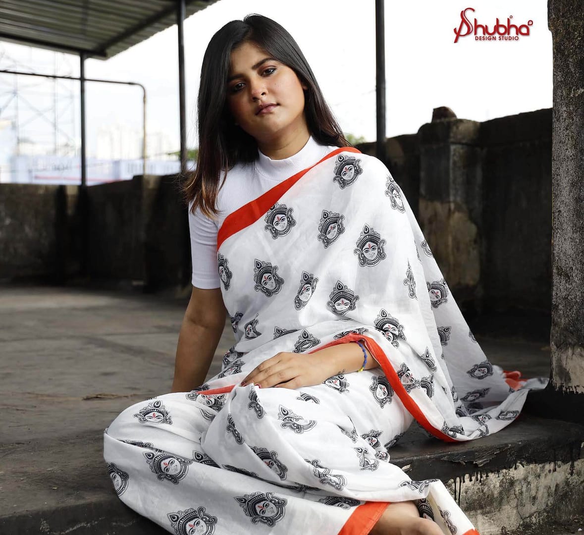Black and White Durga Printed Saree with...
