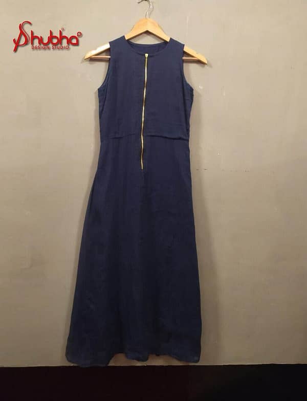 Navy blue organic dress front zipper style