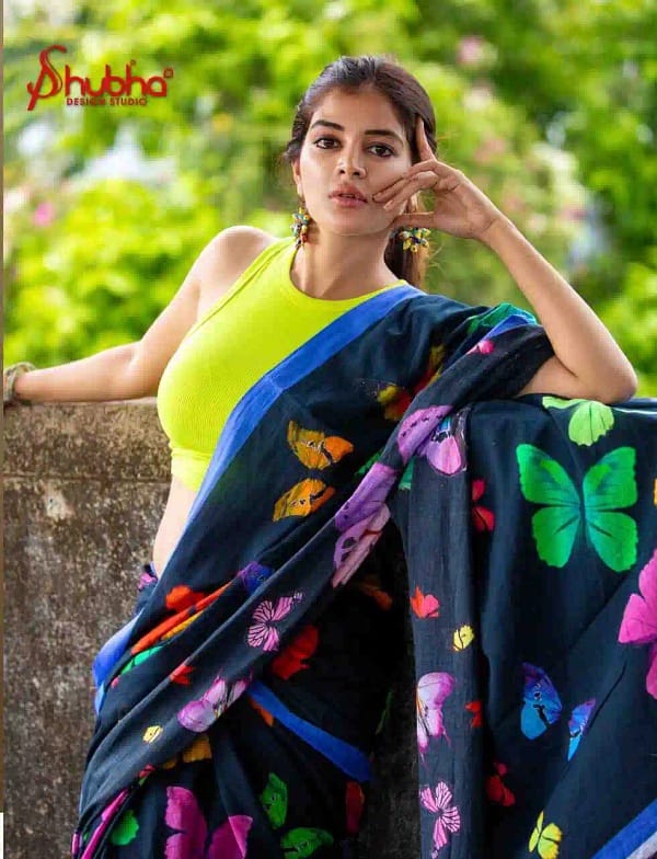 Black multicoloured butterfly saree with midnight blue border