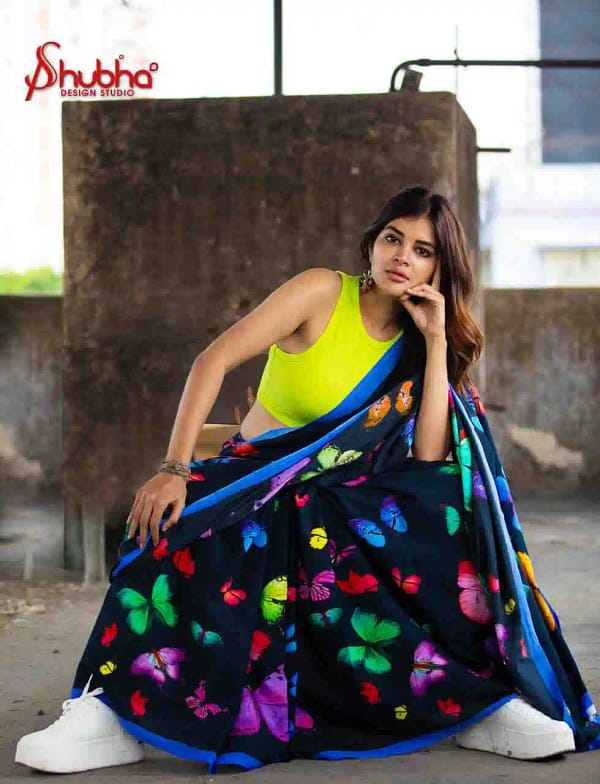 Black multicoloured butterfly saree with midnight blue border