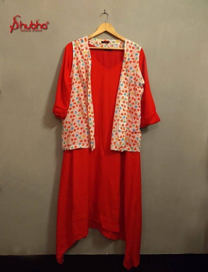 Red asymmetrical long dress with heart p...