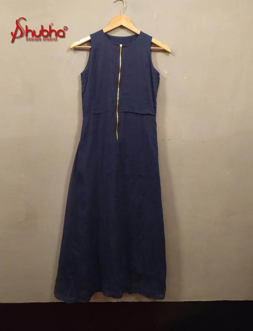 Navy blue organic dress front zipper sty...