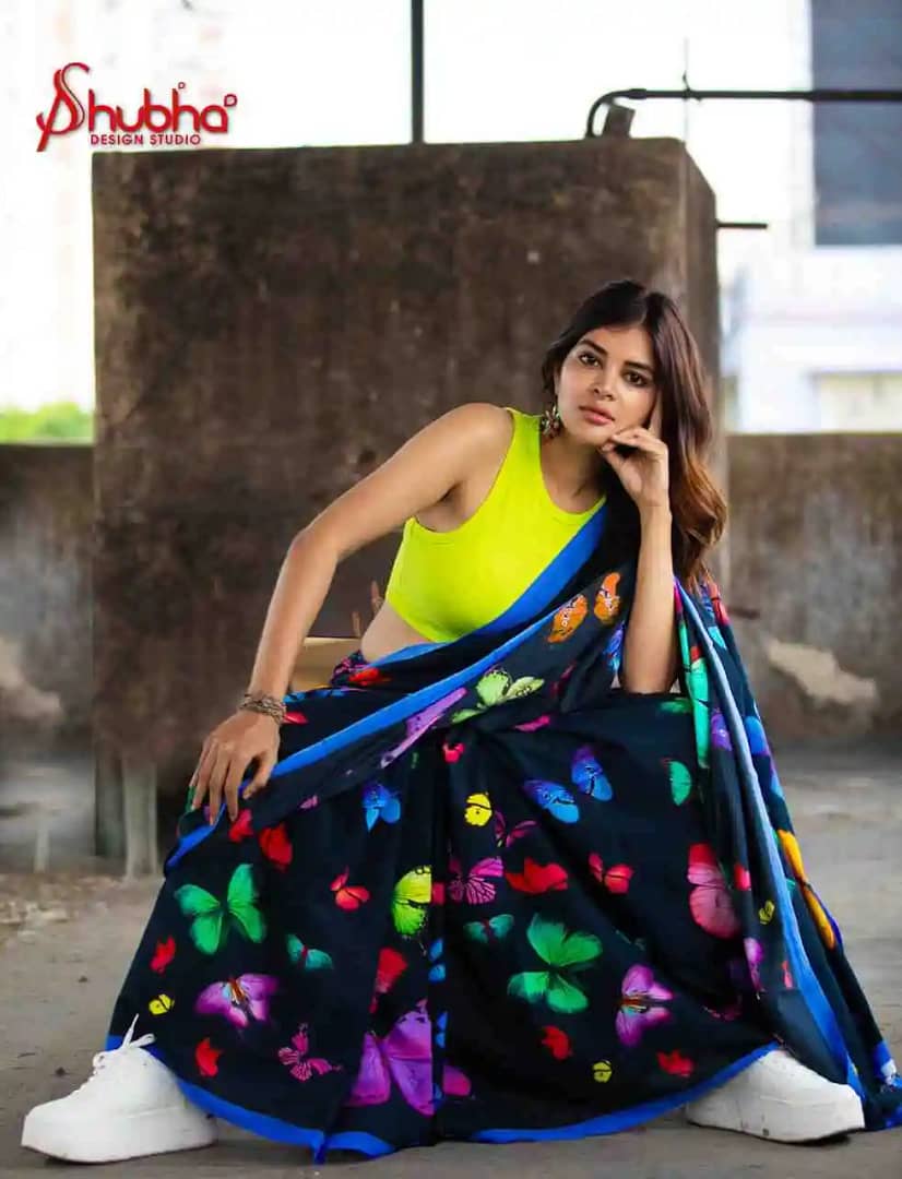 Black multicoloured butterfly saree with...